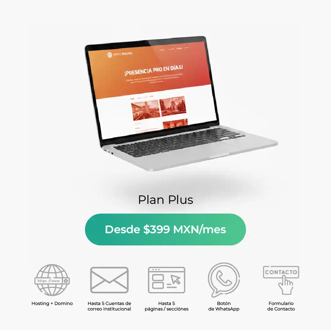 Propuesta de sitio web profesional recomendado en laptop con hasta 5 correos empresariales, hosting y dominio incluidos por 399 pesos mensuales en sitioswebbaratos.pro