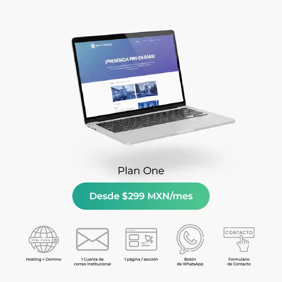 Diseño de sitio web profesional Plan One en computadora portátil, incluye dominio, hosting y correo corporativo por 299 pesos mensuales en sitioswebbaratos.pro.