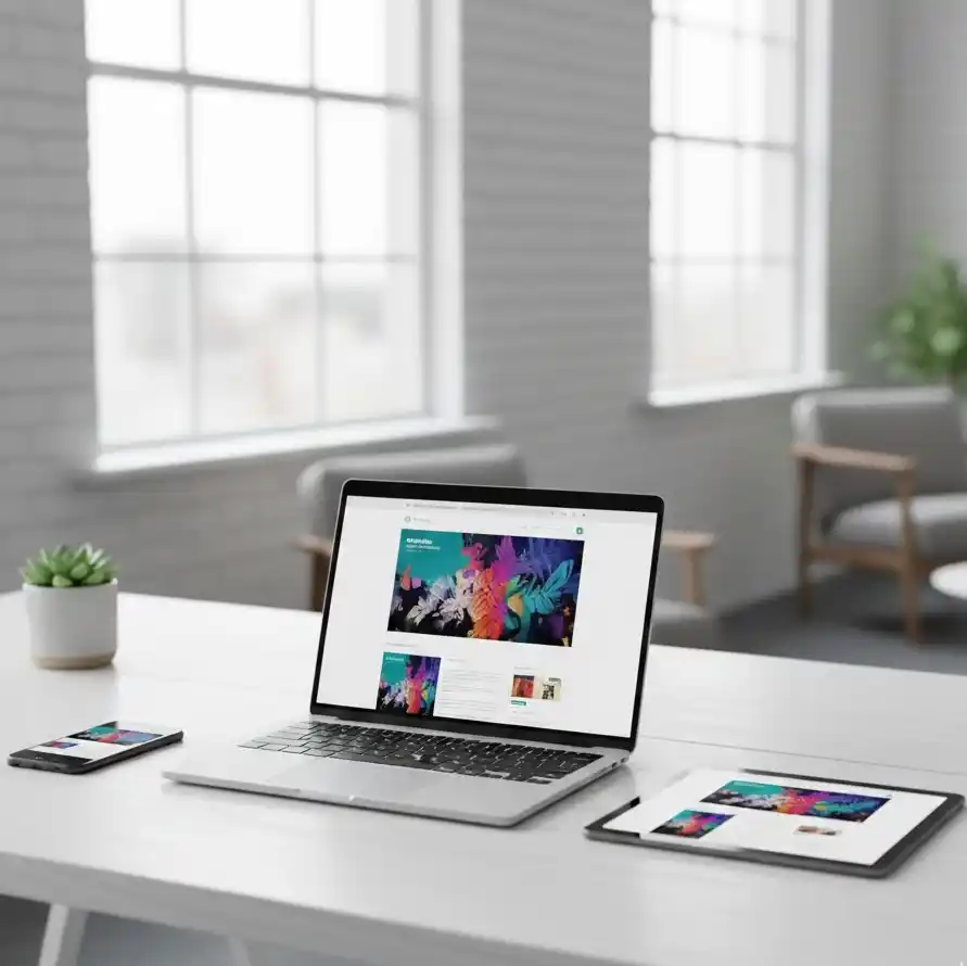 Agencia de diseño web profesional con espacio de trabajo moderno y minimalista