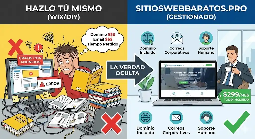 Comparativa visual: Hacer una página web gratis en Wix con costos ocultos y errores técnicos vs. contratar un sitio web profesional gestionado todo incluido por $299 al mes en sitioswebbaratos.pro